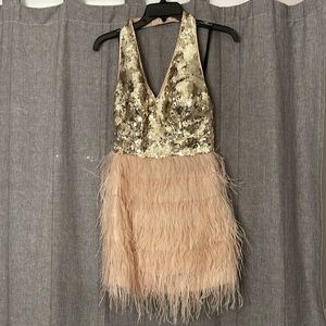 Women’s Bebe feathered dress with gold sequins, size XXS
